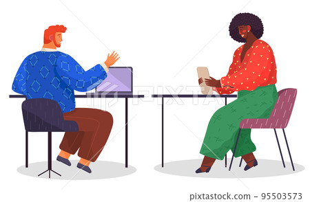 Man uses laptop and talks to woman with tablet. Office employees communicate at workplace. Man uses laptop and talks to woman with tablet. Office employees communicate at workplace. 95503573