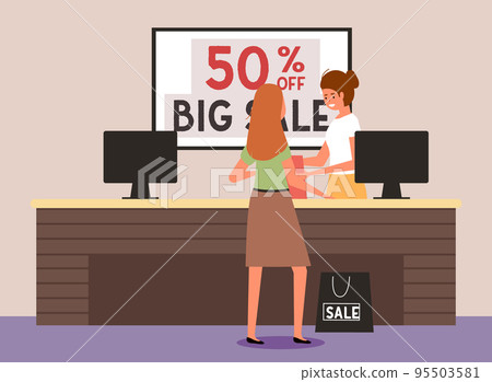 Girl pays for the purchase at the checkout. Woman buys clothes in a store. Cashier serves the client Girl pays for the purchase at the checkout. Woman buys clothes in a store. Cashier serves the client 95503581