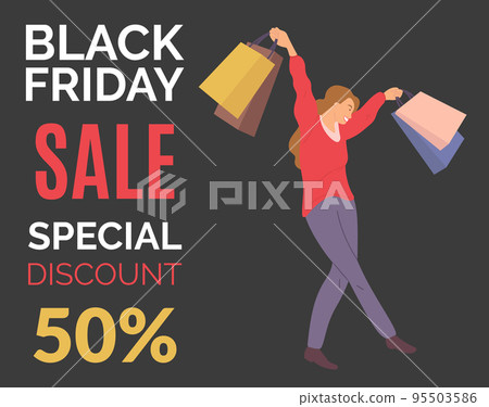 Announcement of a fifty percent discount. Girl with colorful packages during the black friday 95503586