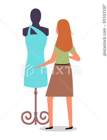 Female character is buying clothes at store. Woman is looking at mannequin and touching the dress 95503597