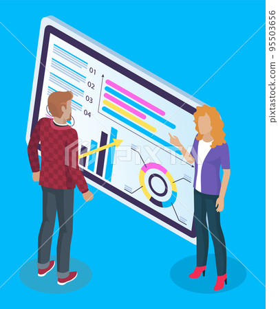 Business partners communicate near large tablet screen with analytical data, charts. Data summary 95503656