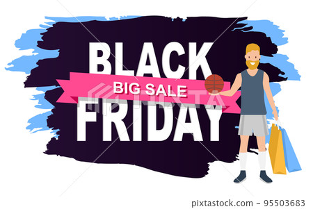 Promotion of sales and discounts. Young shopper guy going to play basketball on black friday 95503683
