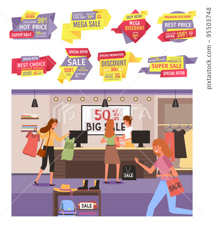 Girls shop in the boutique and buy clothes. Super sale, best prices and special promotion concept Girls shop in the boutique and buy clothes. Super sale, best prices and special promotion concept 95503748