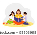 Woman, mother reads a book to children.   95503998