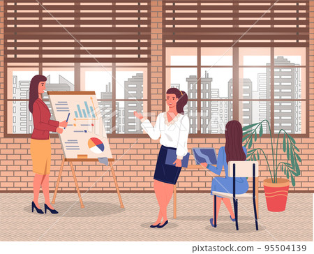 Businesswoman gives presentation to office staff or managers. Project discussion. Loft interior 95504139