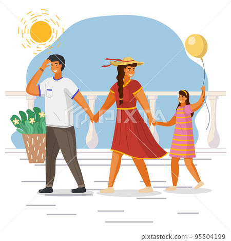Dad squinting from sun, mom leads kid by hand. Family spends time together on summer sea holidays 95504199