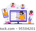 Video conference, group video chat. Business team faces, video meeting online 95504201