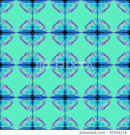 geometric seamless floral symmetrical pattern in blue and purple colors, texture, design 95504216