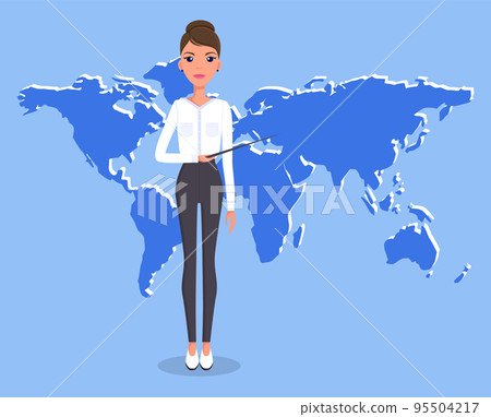Businesswoman or top manager gives global presentation. Woman in strict clothes. Flat illustration Businesswoman or top manager gives global presentation. Woman in strict clothes. Flat illustration 95504217
