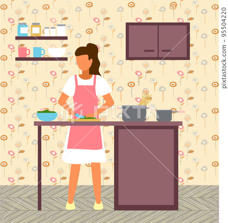Woman cooking salad at kitchen, female preparing food for dinner, lunch, supper, natural products Woman cooking salad at kitchen, female preparing food for dinner, lunch, supper, natural products 95504220