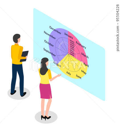 Woman and man study pie chart with analytic data. Large monitor with data. Isometric image Woman and man study pie chart with analytic data. Large monitor with data. Isometric image 95504226