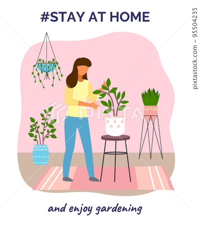 Stay at home and enjoy gardening, woman caring for plants, decorative garden, ecological hobby 95504235