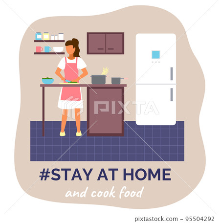 Stay at home and cook food, woman cutting salad, preparing spaghetti, leisure at self-isolation 95504292