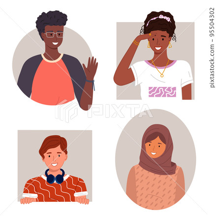 Smiling african guy in glasses waving hand, black girl, brown-haired guy, arabic woman wearing hijab 95504302