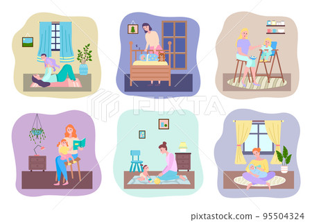 Mother and baby, care of child, motherhood, parentship, sleeping baby, feeding, reading, playing 95504324