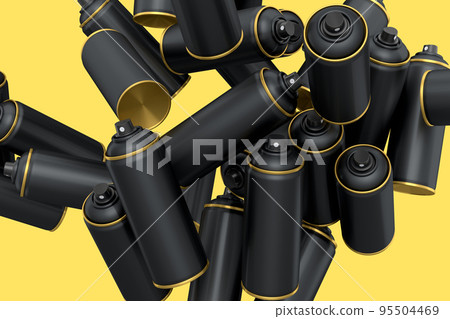 Lots of flying spray paint cans on yellow background. Spray bottle and dispenser Lots of flying spray paint cans on yellow background. Spray bottle and dispenser 95504469