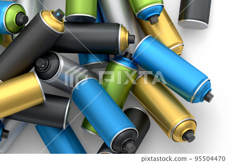 Lots of flying spray paint cans on white background. Spray bottle and dispenser Lots of flying spray paint cans on white background. Spray bottle and dispenser 95504470