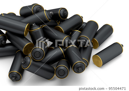 Lots of flying spray paint cans on white background. Spray bottle and dispenser 95504471