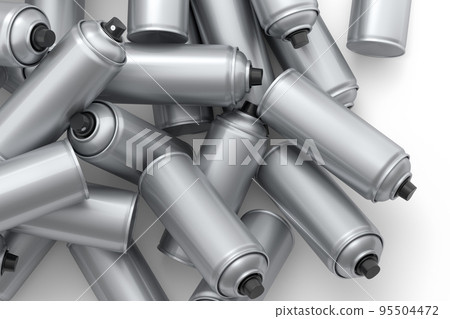 Lots of flying spray paint cans on white background. Spray bottle and dispenser 95504472
