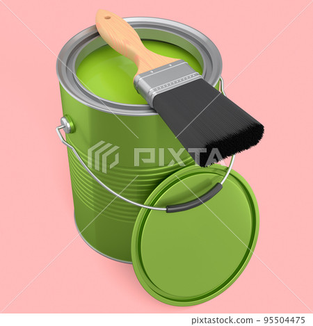 Open metal can or buckets with paint bristle brush on pink background. Open metal can or buckets with paint bristle brush on pink background. 95504475