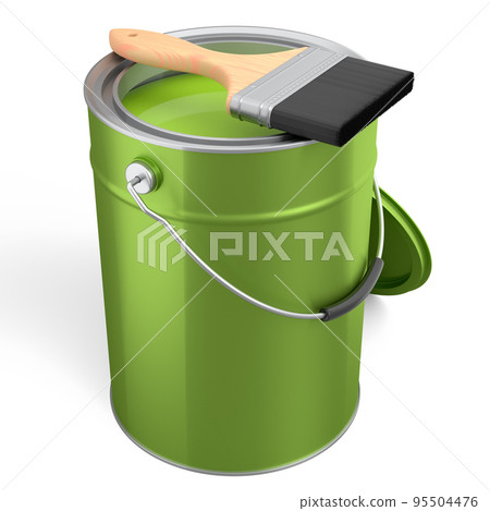 Open metal can or buckets with paint bristle brush on white background. Open metal can or buckets with paint bristle brush on white background. 95504476