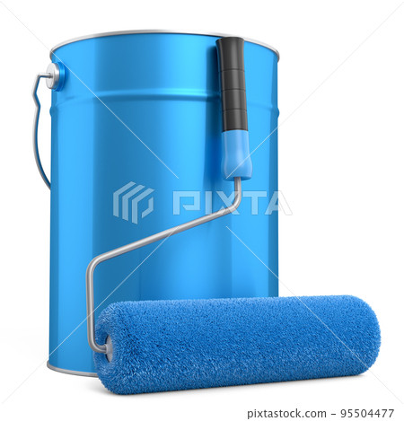 Open metal can with paint roller for painting walls on white background. Open metal can with paint roller for painting walls on white background. 95504477