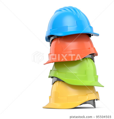 Stack of safety helmets or hard caps for carpentry work on white background Stack of safety helmets or hard caps for carpentry work on white background 95504503