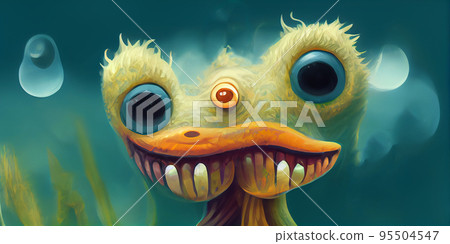 Cartoon monster character with smiling toothed muzzle. Alien characters. Cartoon monster character with smiling toothed muzzle. Alien characters. 95504547