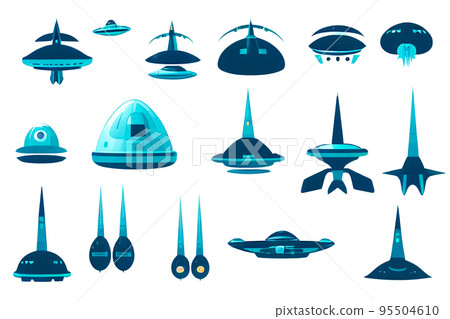 Alien spaceship game icons set. Funny flying rockets, ufo shuttles cartoon. 95504610