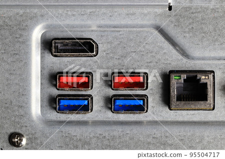 Multiple ports on computer show with USB, LAN, Display port. 95504717