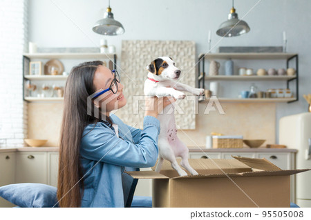 An unexpected gift. Happy and amazed young Asian woman received a gift parcel of a small dog. He is sitting on the sofa at home, happily taking it out of a huge cardboard box. An unexpected gift. Happy and amazed young Asian woman received a gift parcel of a small dog. He is sitting on the sofa at home, happily taking it out of a huge cardboard box. 95505008