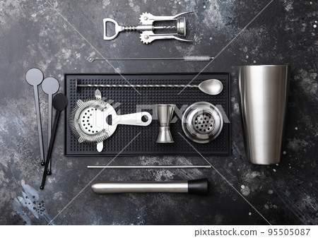 Cocktail rubber mat with steel cocktail shaker,strainer,jigger and plastic stirrers Cocktail rubber mat with steel cocktail shaker,strainer,jigger and plastic stirrers 95505087