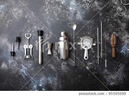 Cocktail utensils black matt steel set on black board.Shaker,wine opener,spoon,straine Cocktail utensils black matt steel set on black board.Shaker,wine opener,spoon,straine 95505099