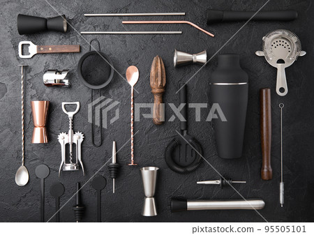 Various cocktail bar utensils set. Strainer,shaker,jigger,straw,juicer,muddler Various cocktail bar utensils set. Strainer,shaker,jigger,straw,juicer,muddler 95505101
