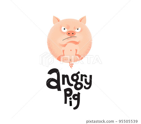 A round angry flesh color pig is lying on its back with its paw crossed. Unique flat textured illustration in cartoon style with lettering qoute for social media, poster,greeting card, banner, textile 95505539