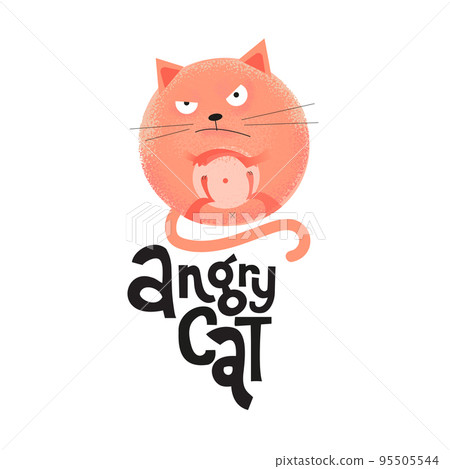 A round angry red cat is lying on its back with its paw crossed. Unique flat textured illustration in cartoon style with lettering qoute for social media, poster,greeting card, banner, textile, mug 95505544