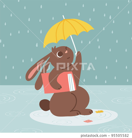 Rabbit walking under umbrella with book. Autumn rainy postcard. Bunny or hare - childish mascot 2023 symbol year. Seasonal flat cartoon vector illustration 95505582