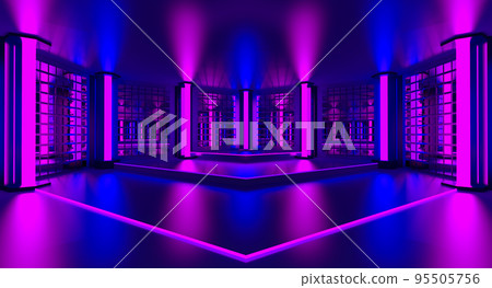 3d pink violet blue neon abstract background. Ultraviolet podium decoration empty room. Night club interior. Render. 95505756