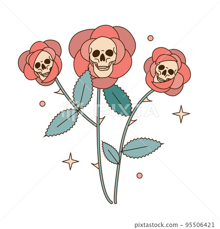 Skull flowers with roses petals surrounding the cranium. Human skull portrait with floral Halloween metaphor. Vector 70s retro boho illustration isolated on white background. Skull flowers with roses petals surrounding the cranium. Human skull portrait with floral Halloween metaphor. Vector 70s retro boho illustration isolated on white background. 95506421