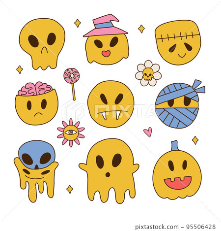 Psychedelic Halloween surreal emoji set in groovy 70s retro style. Anthropomorphic face with spooky smile. Melting illusion, creative crazy icons. Hippie design elements. Vector contour illustration 95506428