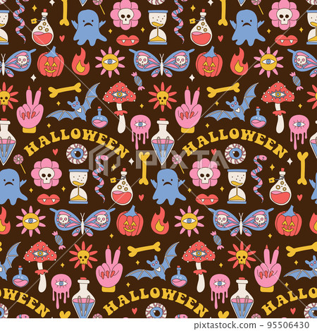 Colorful seamless pattern with mushrooms, ghost, pumpkin and magic potion. Groovy hippie Halloween Retro 60s, 70s style background. Psychedelic textile, fabric and wrapping paper. Vector illustration. Colorful seamless pattern with mushrooms, ghost, pumpkin and magic potion. Groovy hippie Halloween Retro 60s, 70s style background. Psychedelic textile, fabric and wrapping paper. Vector illustration. 95506430