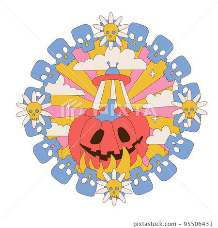 Spooky skull flower wreath with groovy pumpkin on shiny landscape background isolated on white. Retro 60s 70s round frame with Flying saucer. Boho hippie floral card for Halloween. Vector design 95506431