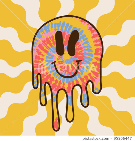 Funny happy tie dye surreal smile face on psychedelic background. Emoji groovy face tiedye ,acid, techno, 70s trippy print for t-shirt,poster,card. Vector cartoon character illustration Funny happy tie dye surreal smile face on psychedelic background. Emoji groovy face tiedye ,acid, techno, 70s trippy print for t-shirt,poster,card. Vector cartoon character illustration 95506447
