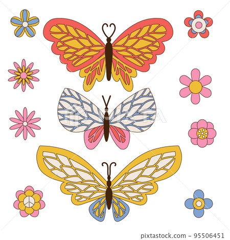 Set of 70s 60s Groovy Hippie Butterflies... - Stock Illustration