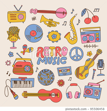 Set of retro music players, cassette recorder, headphones, , vintage turntable, cassette, musical instruments and vinyl plate. Hand drawn vector illustration isolated in modern 70s vintage style. 95506458