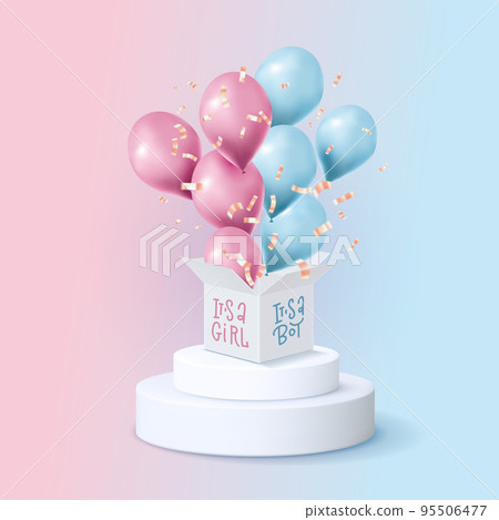 Bouquet, bunch of 3d realistic pink and blue balloons flying out of the white box with text It s a boy. Vector illustration for card, gender reveal party, design, flyer, poster, decor, banner, web 95506477
