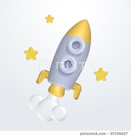 Flying gray and yellow space rocket with cute stars. Spaceship launch business product on market concept. Rocket 3d render icon. Realistic creative conceptual symbol of startup. Vector illustration Flying gray and yellow space rocket with cute stars. Spaceship launch business product on market concept. Rocket 3d render icon. Realistic creative conceptual symbol of startup. Vector illustration 95506687