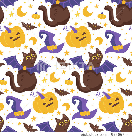 Seamless pattern with cartoon black cats with bat wings, witch hat and angree pumpkin isolated on white background. Vector hand drawn illustration. Seamless pattern with cartoon black cats with bat wings, witch hat and angree pumpkin isolated on white background. Vector hand drawn illustration. 95506734