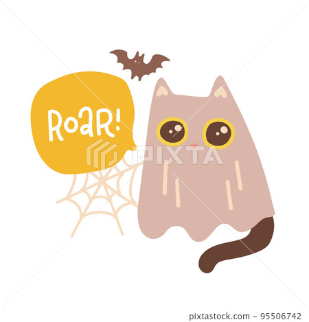 Cute black cat wearing ghost costume. Kitten Halloween greeting card. Cozy kitten in bedsheet. Isolated graphic art with lettering Roar. Hand drawn flat vector illustration. Cute black cat wearing ghost costume. Kitten Halloween greeting card. Cozy kitten in bedsheet. Isolated graphic art with lettering Roar. Hand drawn flat vector illustration. 95506742
