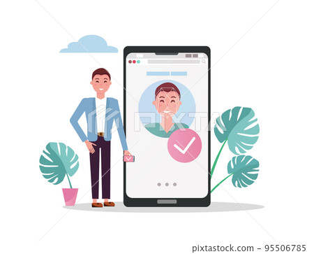 Man with mobile big phone. Accepted male face on smartphone screen, face id concept background, personality recognition, identification. Flat vector illustration. Man with mobile big phone. Accepted male face on smartphone screen, face id concept background, personality recognition, identification. Flat vector illustration. 95506785